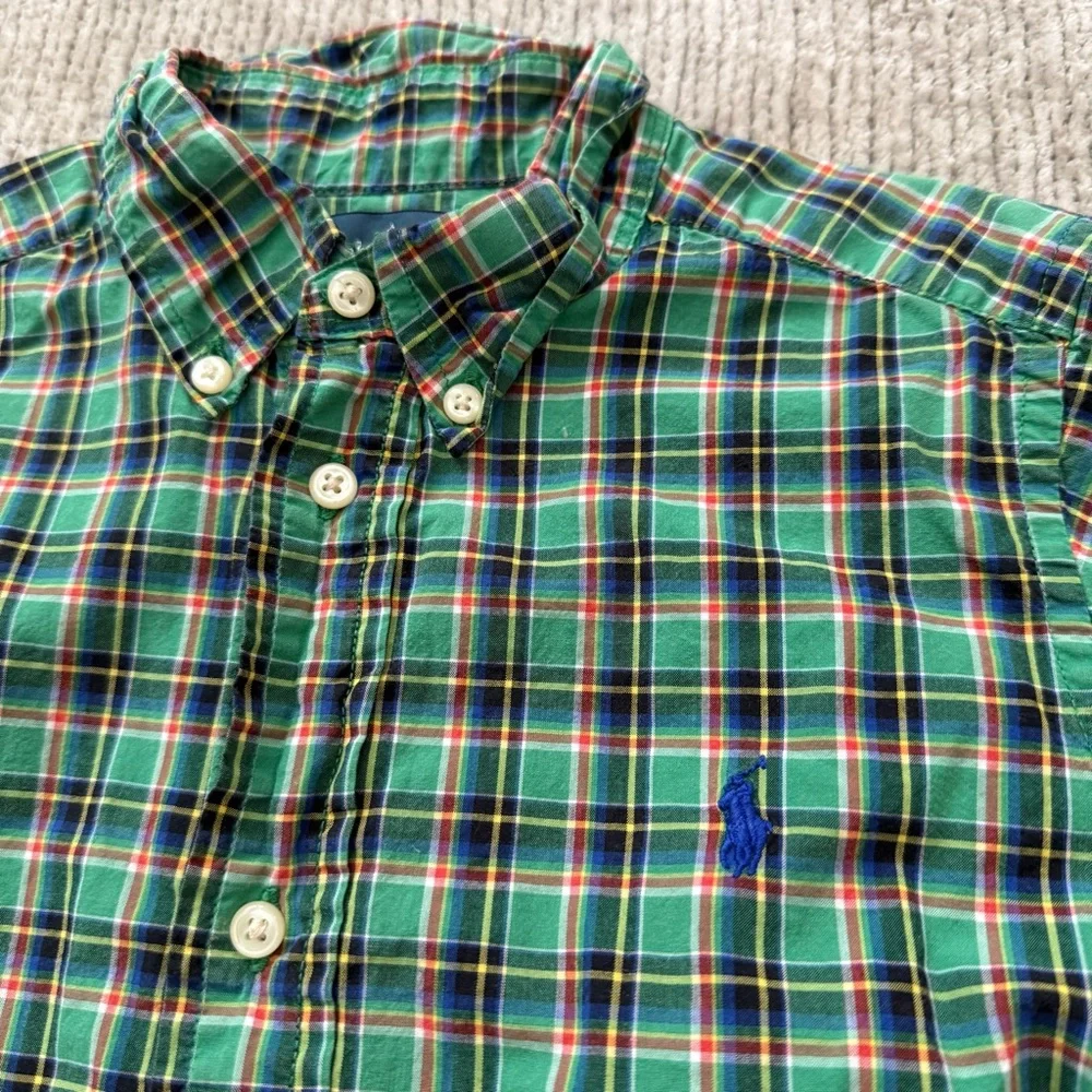 Ralph Lauren Boys Green Plaid Button Down‎ Shirt Size 7 Long Sleeve